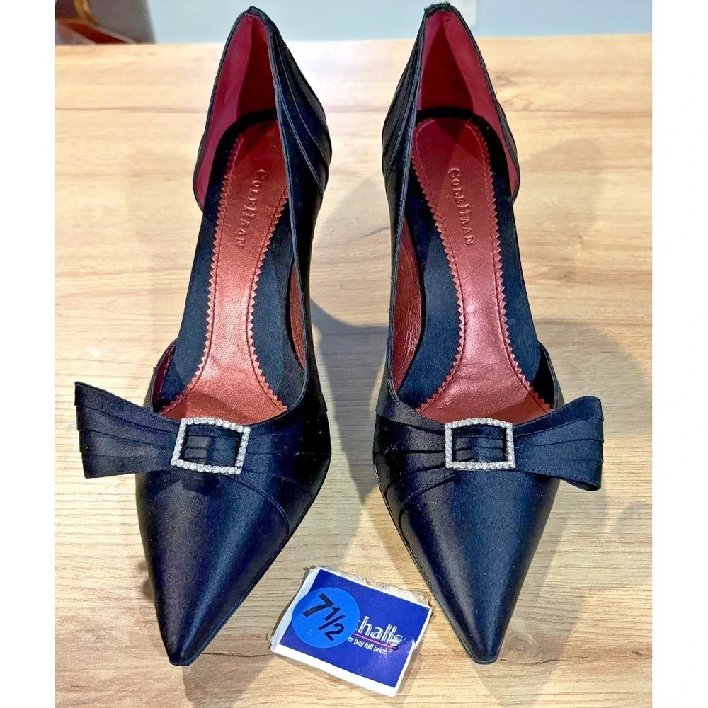 Cole Hahn D'Orsay Black Satin & Rhinestone evening/formal pumps 7 1/2‎
